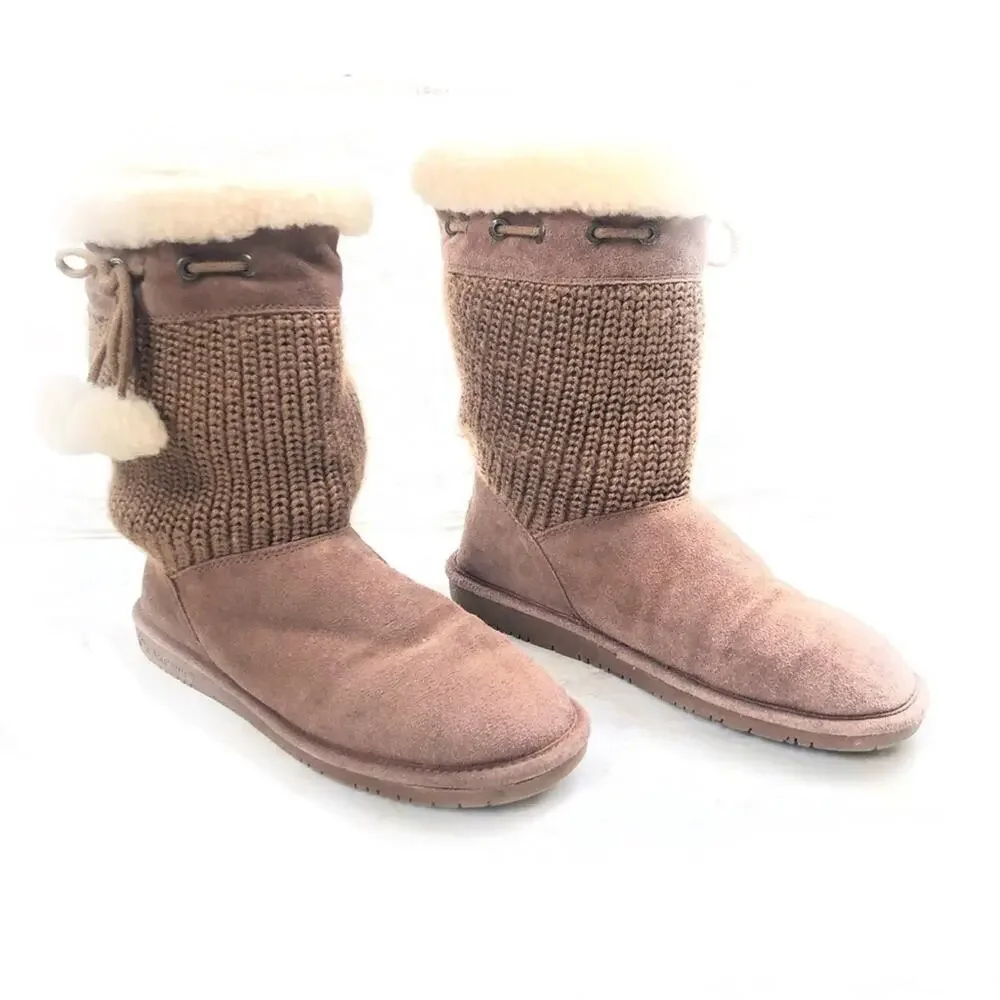 Bearpaw Constance Brown Sheepskin Tan Suede Wool Mid Calf Knit Boot Poms 10